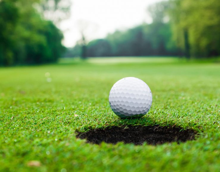 Golf ball sitting next to cup on the green