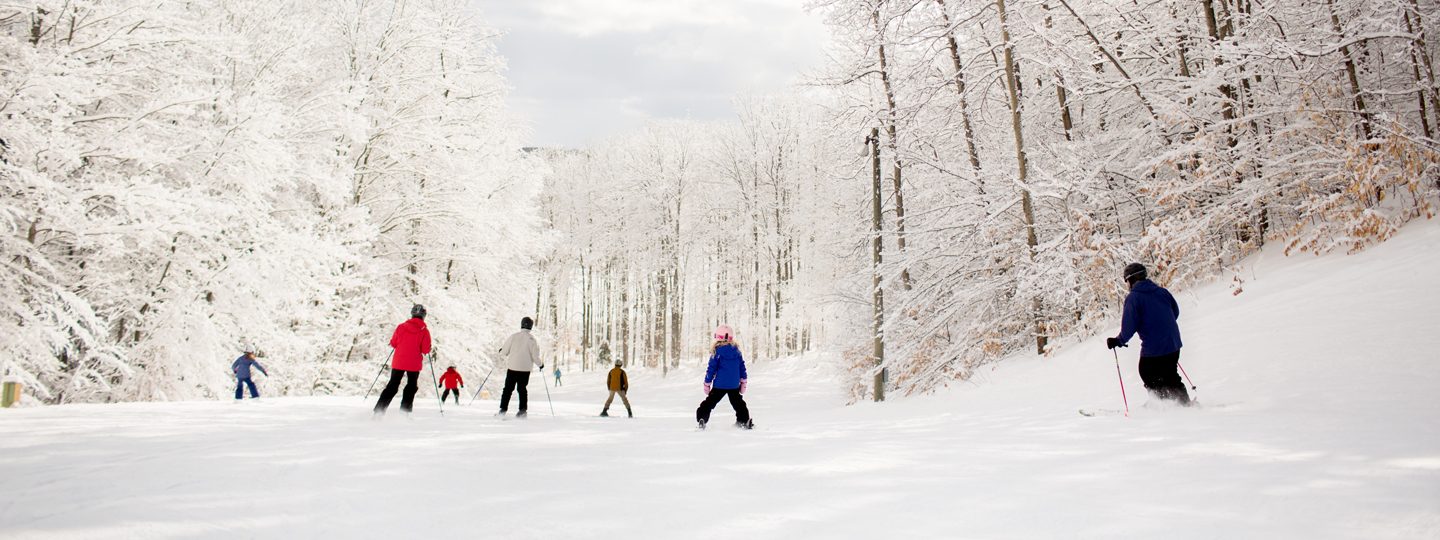 Group of Skiers Skiing Down Hill