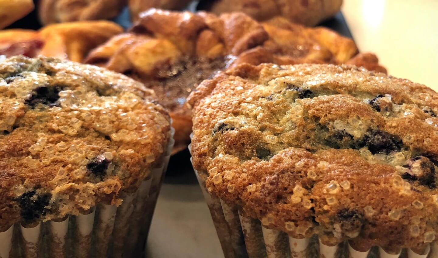 Close up of blueberry muffins.
