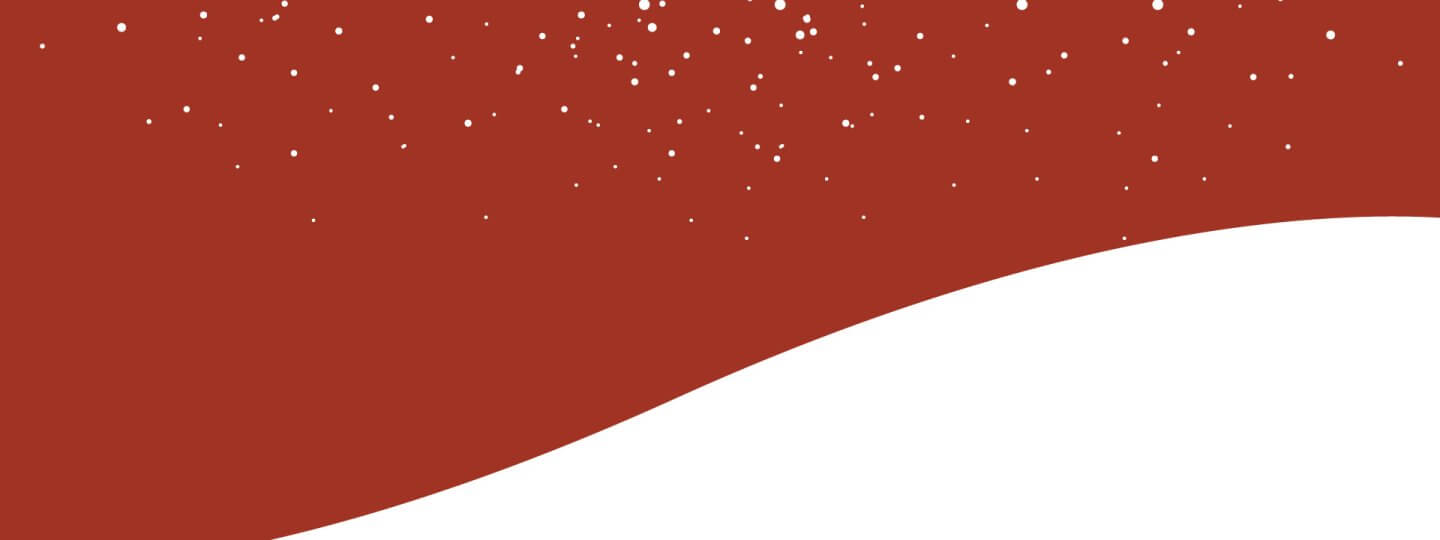 Illustration of a snow covered hill with snowflakes in a red sky.