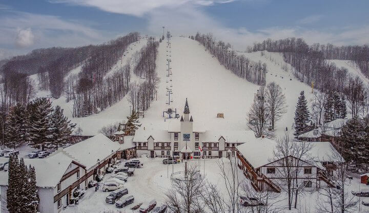 An aerial shot of Schuss Mountain overlooking the blue chairlift