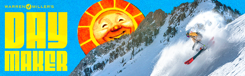 Warren Miller Day Maker Logo with a cartoon sun and skier in powder skiing down a mountain