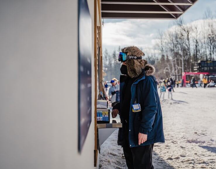 Skier at the Ivan's pickup window