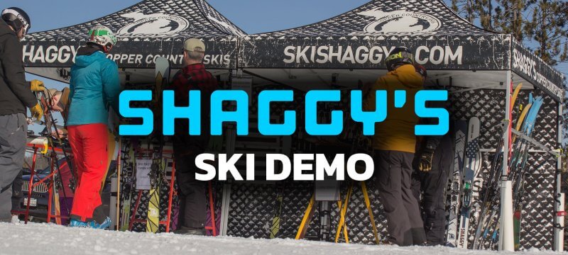 Shaggy's Ski Demo Header with skiers browsing equipment at a Shaggy's covered tent