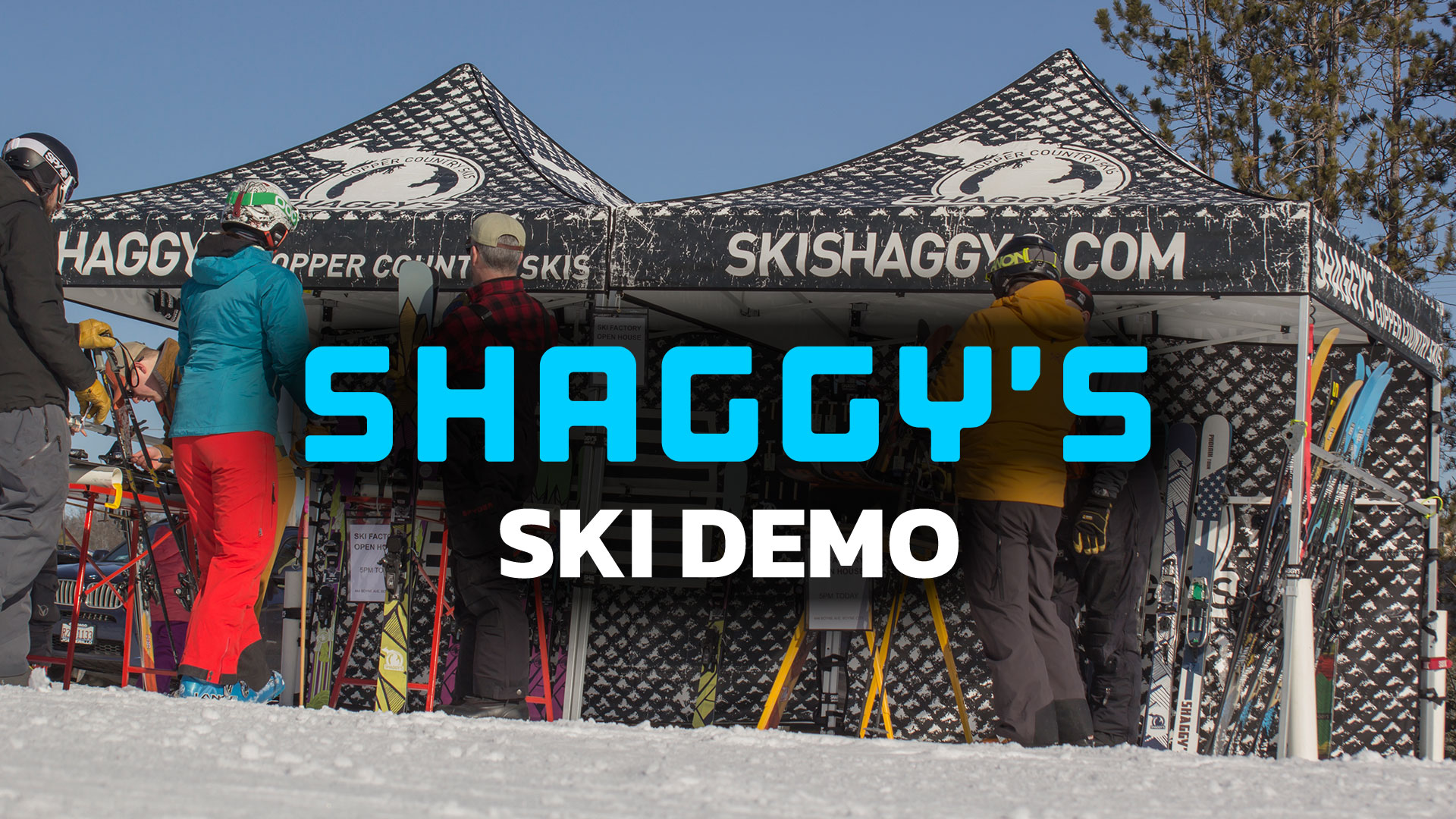 Shaggy's Ski Demo Header with skiers browsing equipment at a Shaggy's covered tent