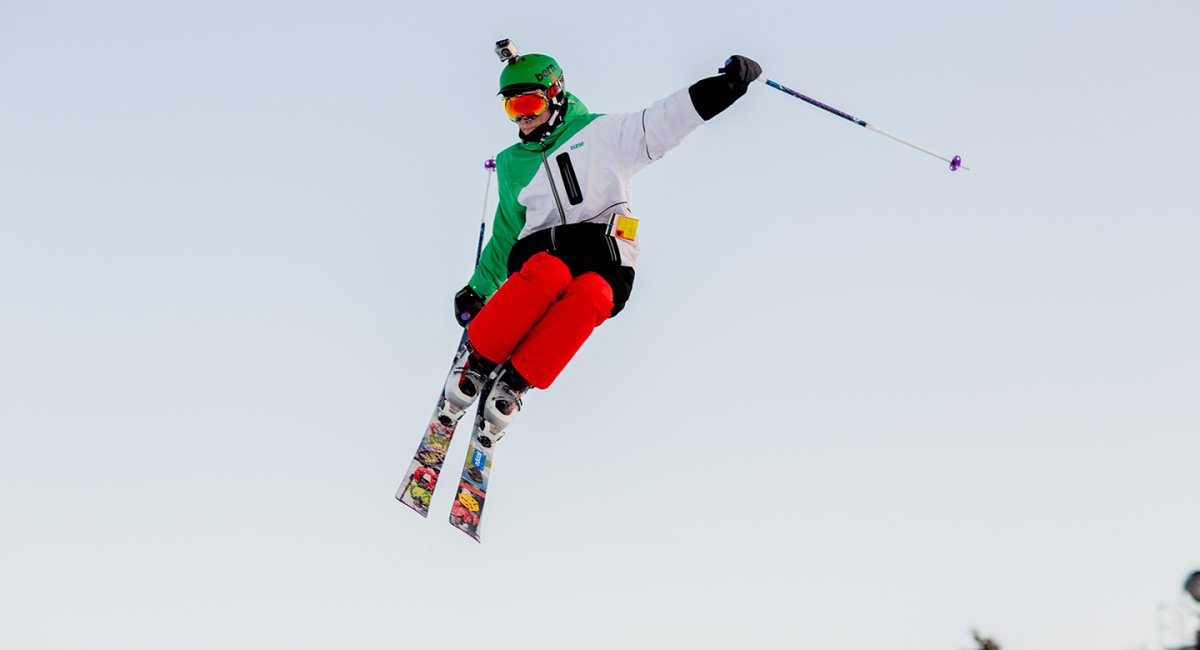 Skier in Air (After taking a jump in the Purple Daze Terrain Park)