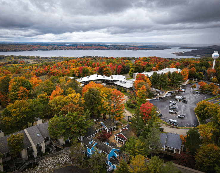 Aerial view of The Lakeview Hotel during the Fall