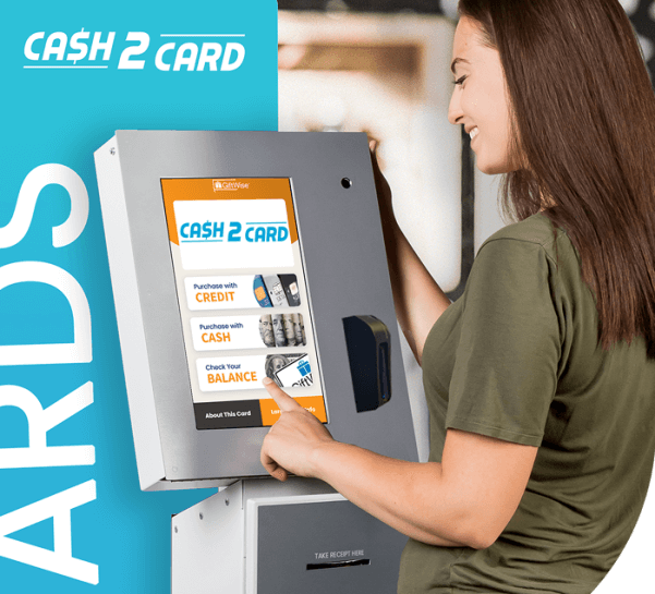 Woman Converting Cash to a Prepaid Debit Card with Cash 2 Card Kiosk