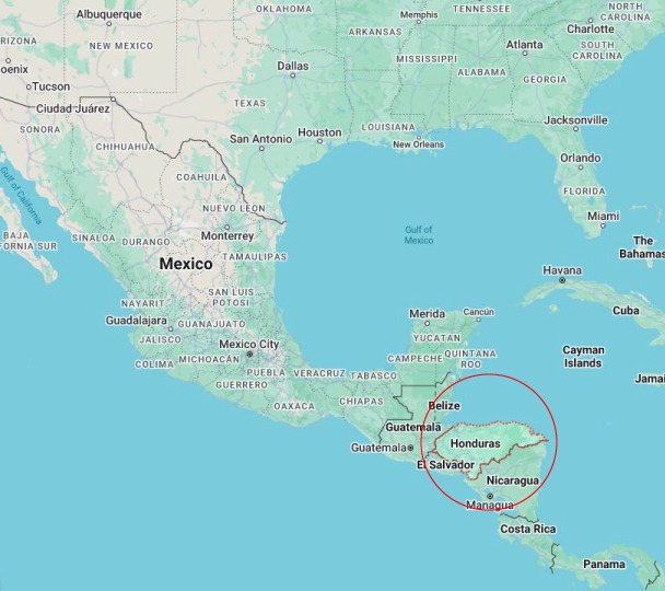 Google map of Honduras in comparison to Central America and the US.