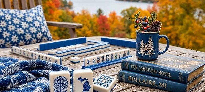 Majong in the Mitten Retreat: Photo of Mahjong tiles with a cozy fall scene in the background of fall colors, Lake Bellaire, blankets and chairs.